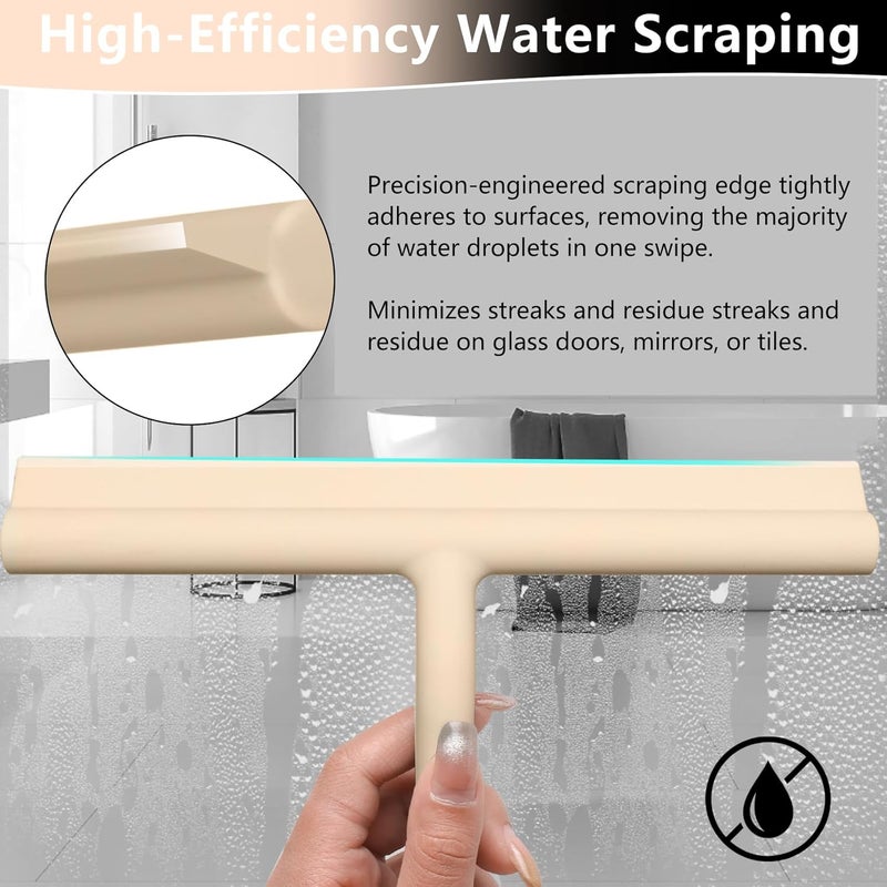 DEOFUXT Shower Squeegee for Glass Doors, Full Silicone Jacketed Squeegee with Ergonomic Handle & No-Drill Hook, Cleaning Tool for Windows, Mirrors, Tiles, Bathroom & Car - Beige - Image 4